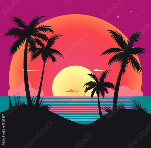 Vaporwave sunset, 80s synthwave styled landscape with sea, palm trees and sun. Vector illustration in flat style  © Julia