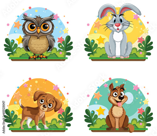 Set of cute animal at the garden