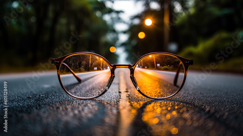 road center line leading to source of light behind an eyeglasses, with blur background Generative AI