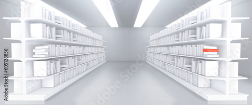 Realistic bookstore aisle with book mockups. Vector illustration of library or shop interior with blank white and red literature, education textbooks for study, bestsellers on shelves. Reading hobby