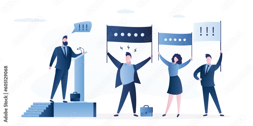Successful public speaking. Electorate with placard and flags, pre-election speech. Confident male speaker stands behind podium and speaks to audience or crowd of people. Successful public speaking. Electorate with placard and flags, pre-election speech. Confident male speaker stands behind podium and speaks to audience or crowd of people.