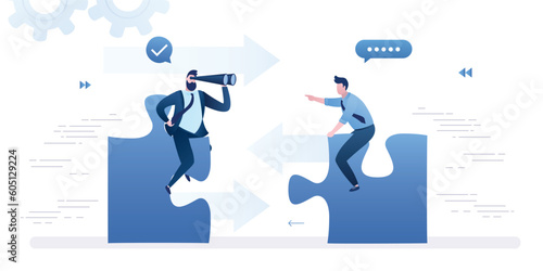 Businessmen ride puzzle pieces to meet each other. b2b concept. Successful negotiations, collaboration, corporate relations. Business vision, cooperation or interaction of entrepreneurs.