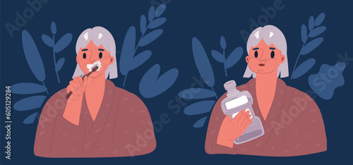 Cartoon vector illustration of Woman brushing teeth with toothbrush. Dental health and hygiene concept.