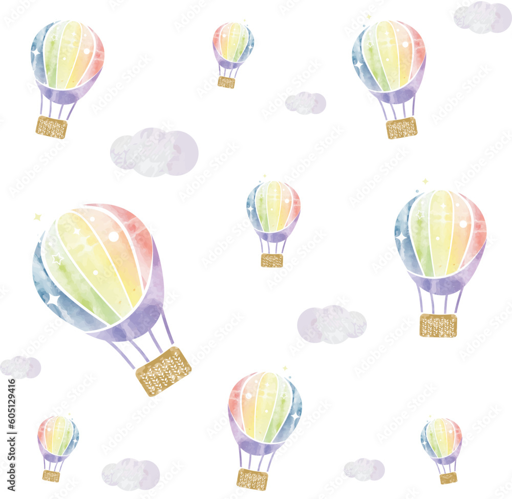 Seamless air balloons with clouds pattern watercolor vector on transparent background