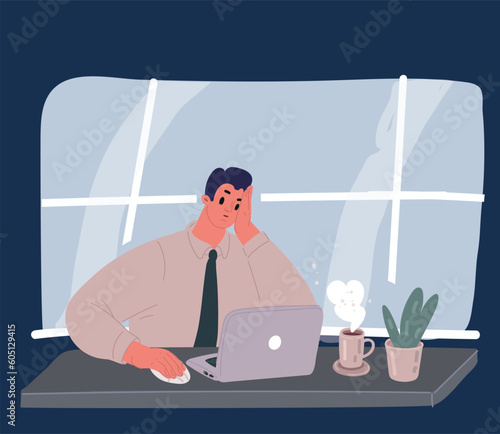 Cartoon vector illustration of Man Being Bored with His Job, Lazy Businessman Working with Computer Procrastinating at Workplace, Unmotivated or Unproductive Manager