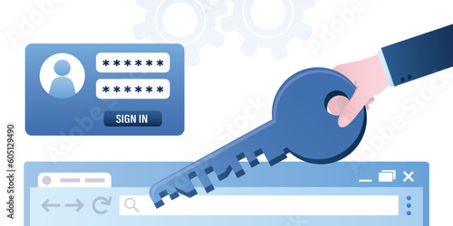Password and personal data protection. Internet security. Part of web browser and hand holding key. Firewall, captcha, antivirus protection. Field for user login and password.