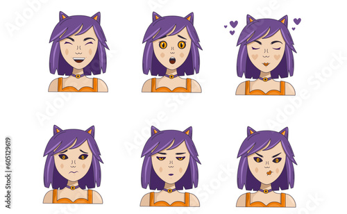 Cute young girl, with purple hair and cat ears, avatar, stickers, emotions: joy, sadness, love, surprise, anger, indifference, humility
