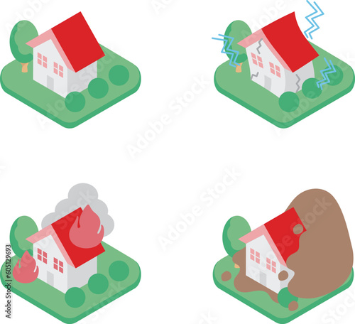アイソメトリック　家　住宅　災害　被害　自然　火事　土砂崩れ　地震　イラスト素材セット　カラー