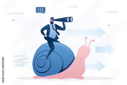 Stupid businessman riding on snail and looking in binoculars. Business slow growth or bad results. Erroneous vision, wrong way and strategy. Inefficient business management, mistakes.