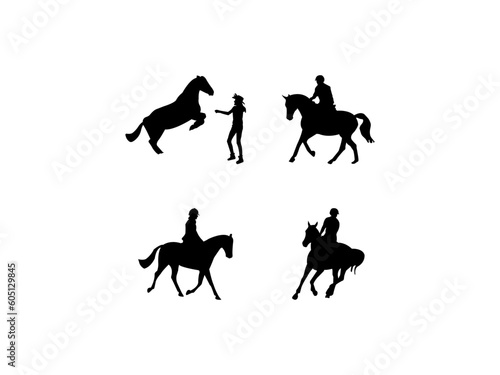 Horse rider silhouette vector. Set of four silhouettes of horse riders. Horse racing action in various poses  vector silhouettes set. Vector illustration.