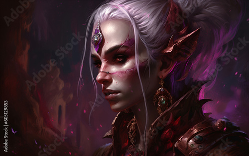 Scarred female dark elf wearing ornate earrings and armor