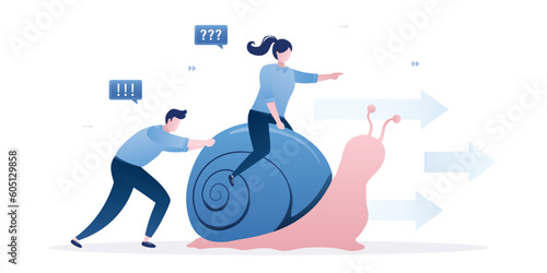 Group of stupid entrepreneurs ride on snail to wrong direction. Business slow growth or bad results. Erroneous vision, wrong way and strategy.
