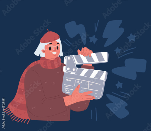 Cartoon vector illustration of Movie assistance concept. Young clapperboard girl fires take for movie camera. Video recording, film or series production. Director on set or woman assistant.