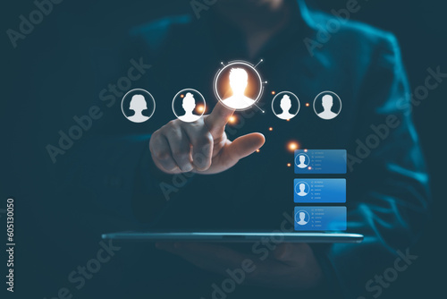 CRM client Customer Relationship Management, Community Marketing, Business development concept, Businessman hold icon virtual screen with customer service quality business and support team