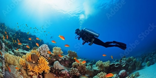 Leinwand Poster scuba diving in tropical ocean coral reef sea under water, scuba diver, diver, swim, caribbean, fiji, maldives, snorkel, marine life, aquatic, aqua blue, dive, travel, tourism Generative AI