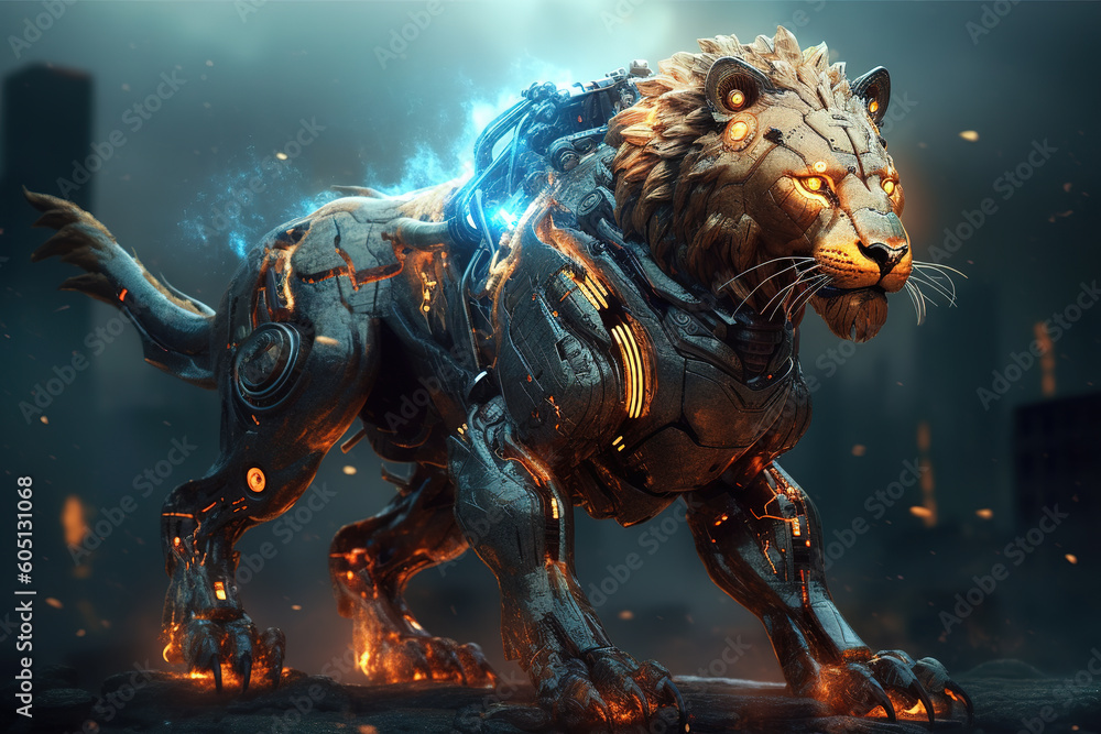 Image of a lion futuristic world modified into a electronics robot. Wildlife Animals. Illustration, Generative AI.