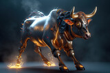 Image of a bull modified into a electronics robot on a dark background. Wildlife Animals. Illustration, Generative AI.
