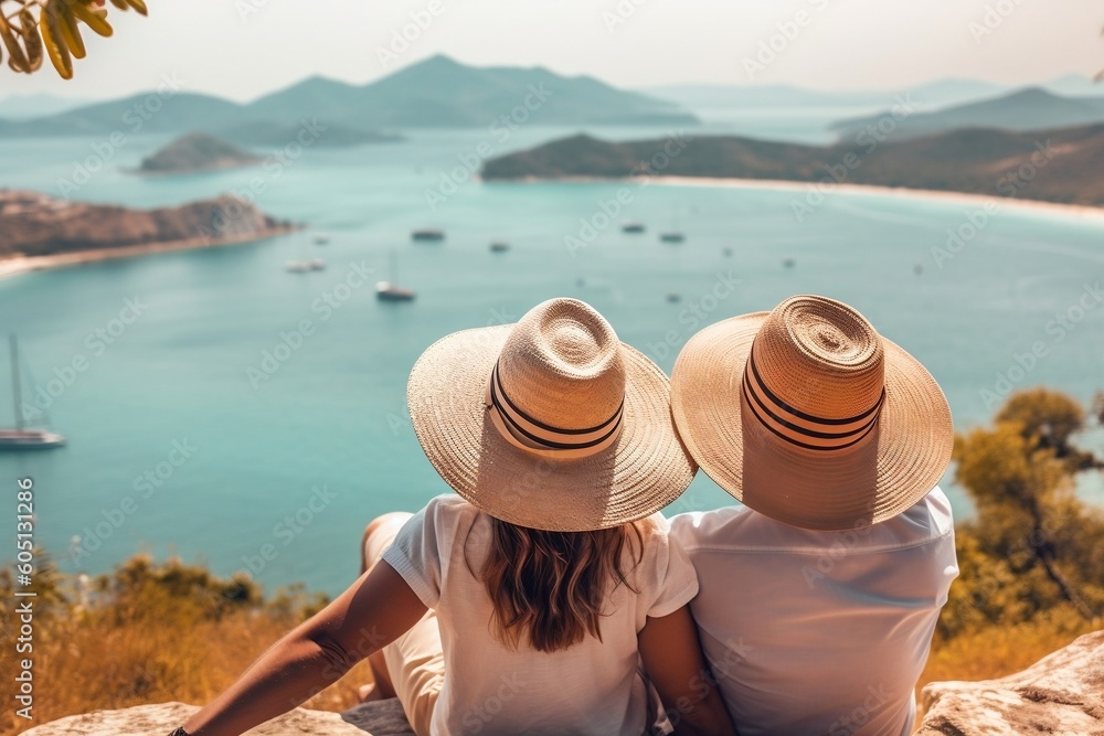 Hat-wearing Couple Relaxing and Admiring Ocean View. AI