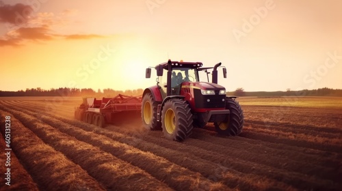 The tractor drives across the field  prepares beds for sowing. Generative AI