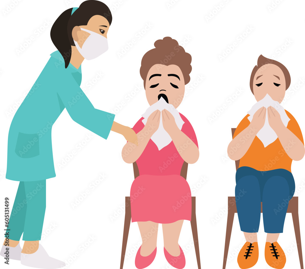Vector illustration of a girl in a medical mask and gloves sits on a chair and sneezes. A young woman in a protective mask is holding a napkin. Vector illustration of a girl in a medical mask and gloves sits on a chair and sneezes. A young woman in a protective mask is holding a napkin.