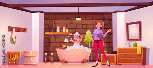 Baby and mom in bathroom wash hair with shampoo vector illustration. Kid character in bath with soap bubble and foam. Young mother waiting happy toddler son with towel near brick wall and mirror.