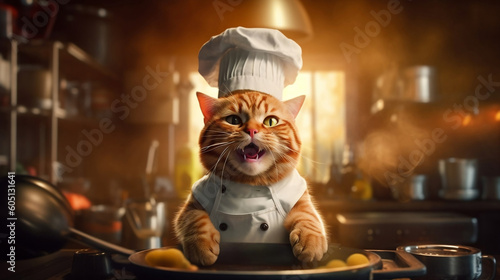 A ginger cat in a modern kitchen  wearing a chef s hat and apron  meowing at the camera. .Generative AI
