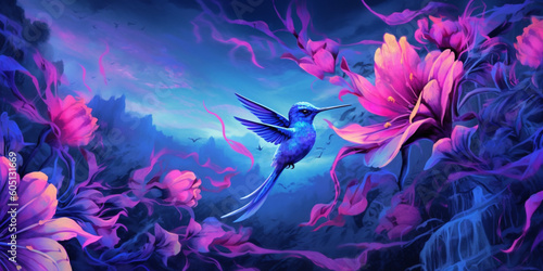 Beautiful Fantasy Ethereal  Hummingbird Magic Forest Garden Flowers Petals Generative AI