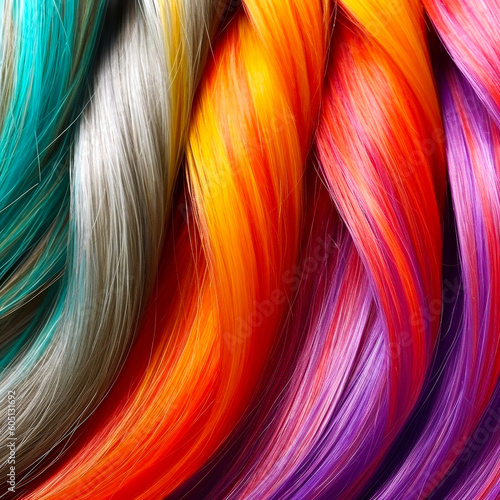 multi-colored strands of hair as a background close-up. Generative AI