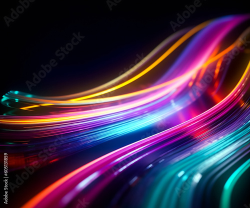 abstract colorful background with motion blurred light curved lines on dark backdrop. Generative AI