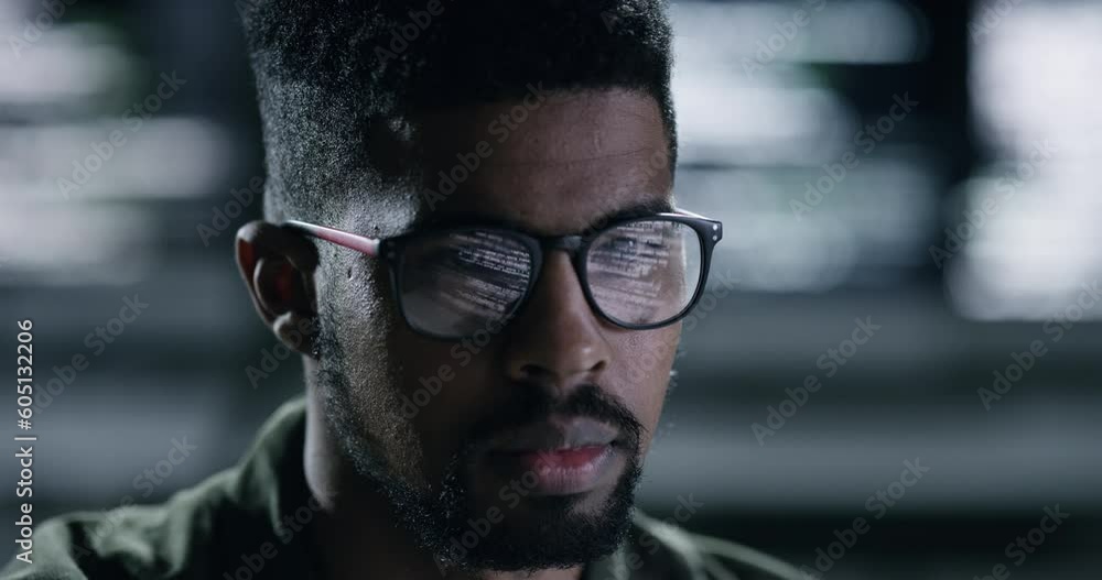 Face, glasses and database with a man programming working in a dark office for data processing. Focus, software development and coding with a male coder reading computer language on a database