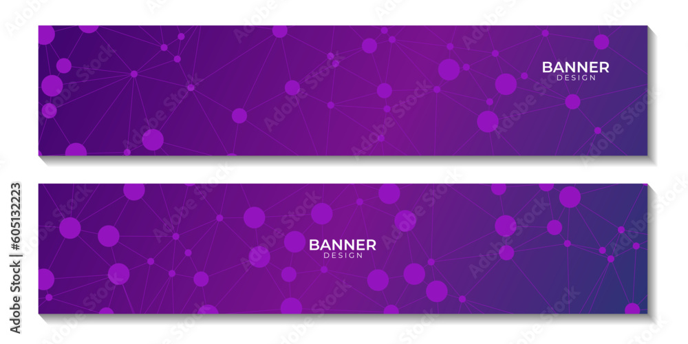 set of banners with abctract purple background with connected dots and molecular
