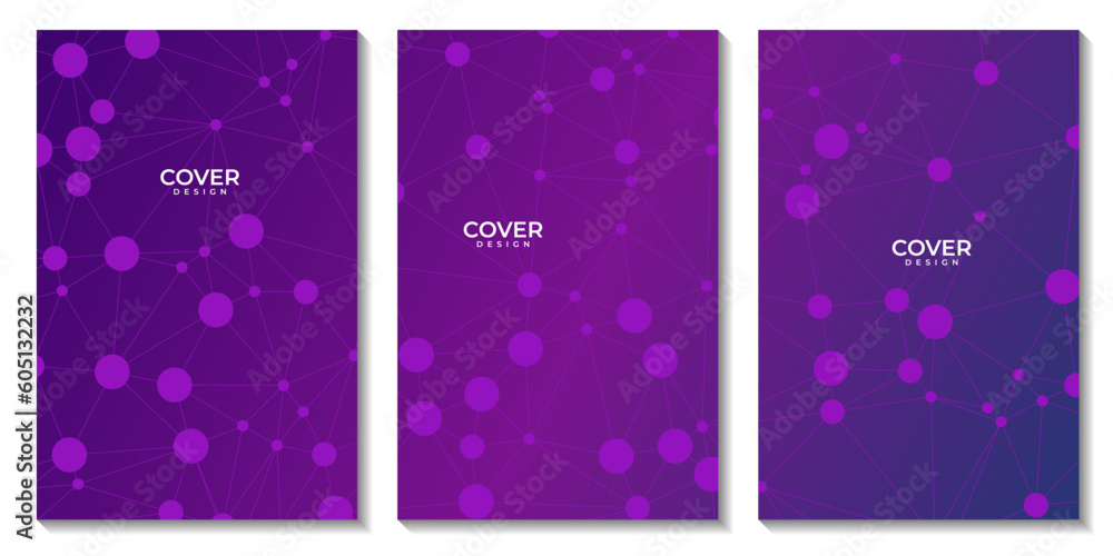 set of covers art with abctract purple background with connected dots and molecular