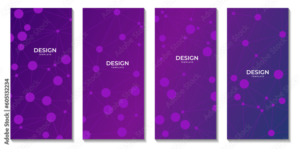 set of brochures with abctract purple background with connected dots and molecular