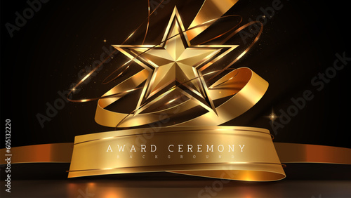 Golden stars on dark background with ribbon decoration and light and bokeh effect elements. Luxury award ceremony design ideas. Vector illustration.