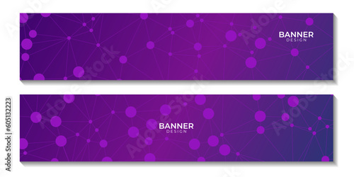 set of banners with abctract purple background with connected dots and molecular