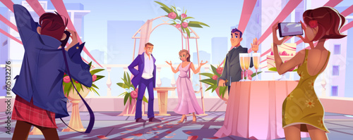 Marriage scene flower decor and happy couple cartoon illustration. Champagne and wedding cake on table. Man and girl photograph celebration with phone and camera. Balustrade fence on roof in day light