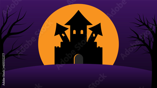 happy Halloween holiday party background. haunted house cartoon on hills with full moon in night sky