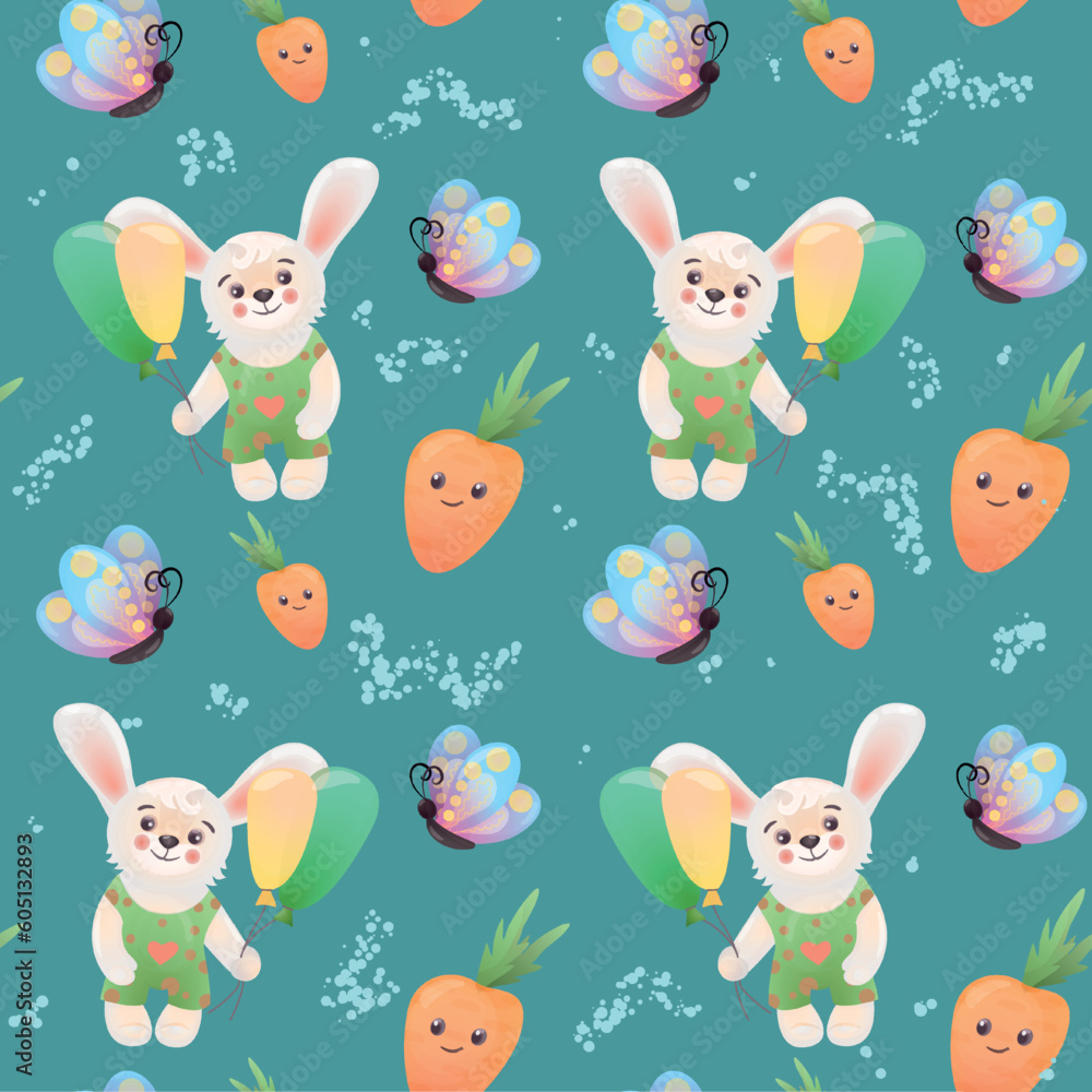 Seamless pattern of bunnies, balloons, butterflies and carrots. Baby patterns for fabrics, backgrounds, wallpaper and digital paper. Seamless pattern of bunnies, balloons, butterflies and carrots. Baby patterns for fabrics, backgrounds, wallpaper and digital paper.