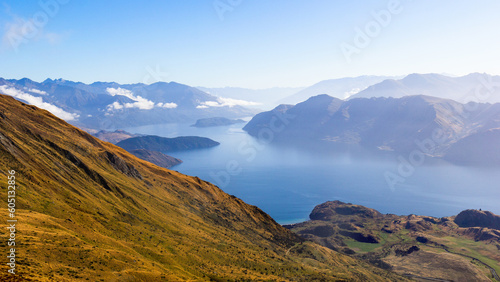Picturesque view of Wanaka Lake from Roys Peak, New Zealand