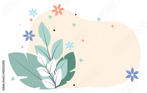 Abstract background, modern flat botanical illustration. Delicate flowers and leaves and a spot of color in the background. Design for summer cards, banners, wall art, prints and fabrics.