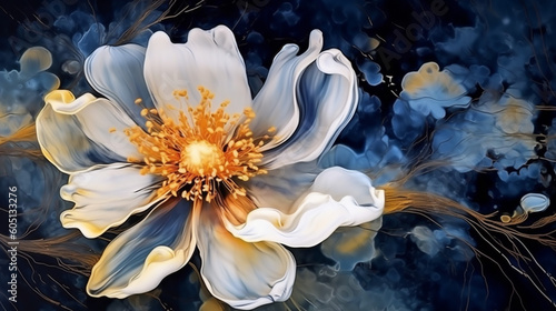 A wallpaper botanical flowers with one big flower folding. Generative AI