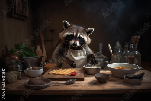 A raccoon working as a professional chef, creating culinary masterpieces. | Generative Ai photo