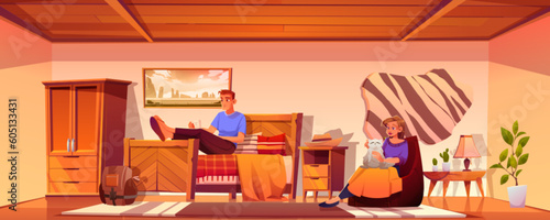 Woman with cat and man in bedroom background illustration. Husband lying on bed in hotel apartment with tea cup and resting. Clean brown wooden interior with wardrobe and armchair and plaid cover.