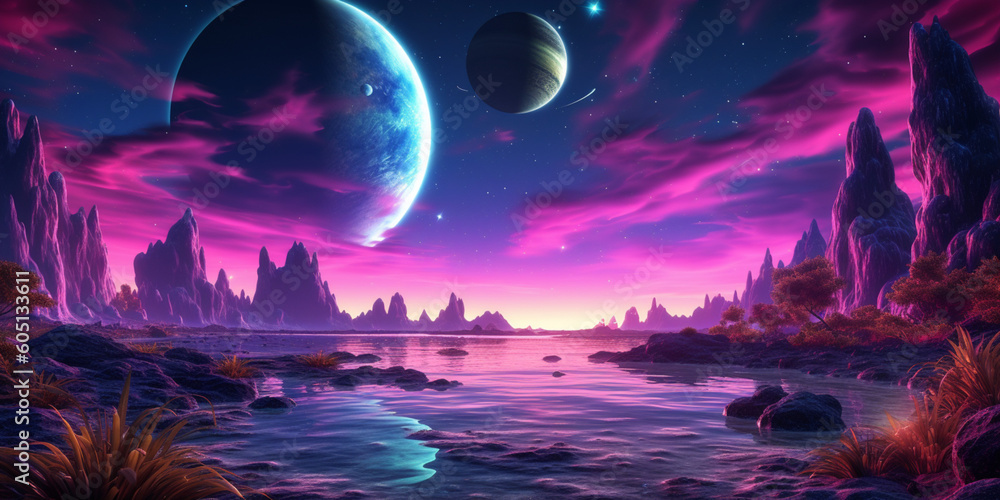 Fantasy Space Galaxy Planet with Nebula Clouds and Alien Lake Generative AI Fantasy Space Galaxy Planet with Nebula Clouds and Alien Lake Generative AI