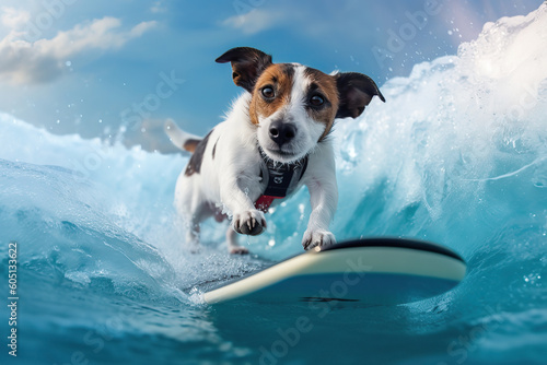 Image of a happy Jack Russell surfing big waves on a surfboard at the beach on a sunny day. © Stock Rocket