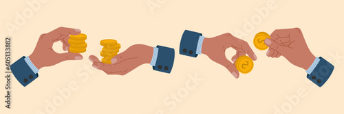 Set of businessman hands holding gold coins. Hand drawn vector illustration isolated on light background, modern flat cartoon style.