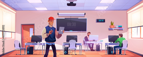 School computer education class room with teacher and student vector background illustration. College digital classroom with desk, chair, pc, blackboard screen and projector for study and training