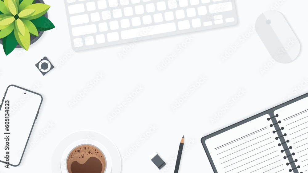 Cover and banner of working desk with gadget. Top view of table working and free space for text with computer, laptop, notebook, coffee cup, phone and paper. Cover and banner of working desk with gadget. Top view of table working and free space for text with computer, laptop, notebook, coffee cup, phone and paper.