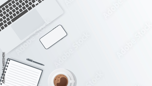 Cover and banner of working desk with gadget. Top view of table working and free space for text with computer, laptop, notebook, coffee cup, phone and paper.
