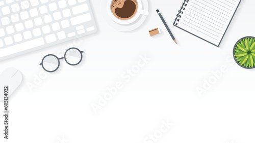 Cover and banner of working desk with gadget. Top view of table working and free space for text with computer, laptop, notebook, coffee cup, phone and paper.